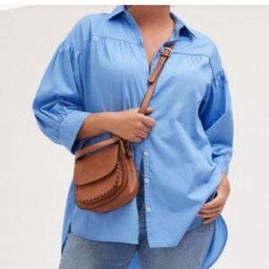 S, Maeve By Anthropologie, Poplin Button Down, Puff Sleeve, Blue, Womens